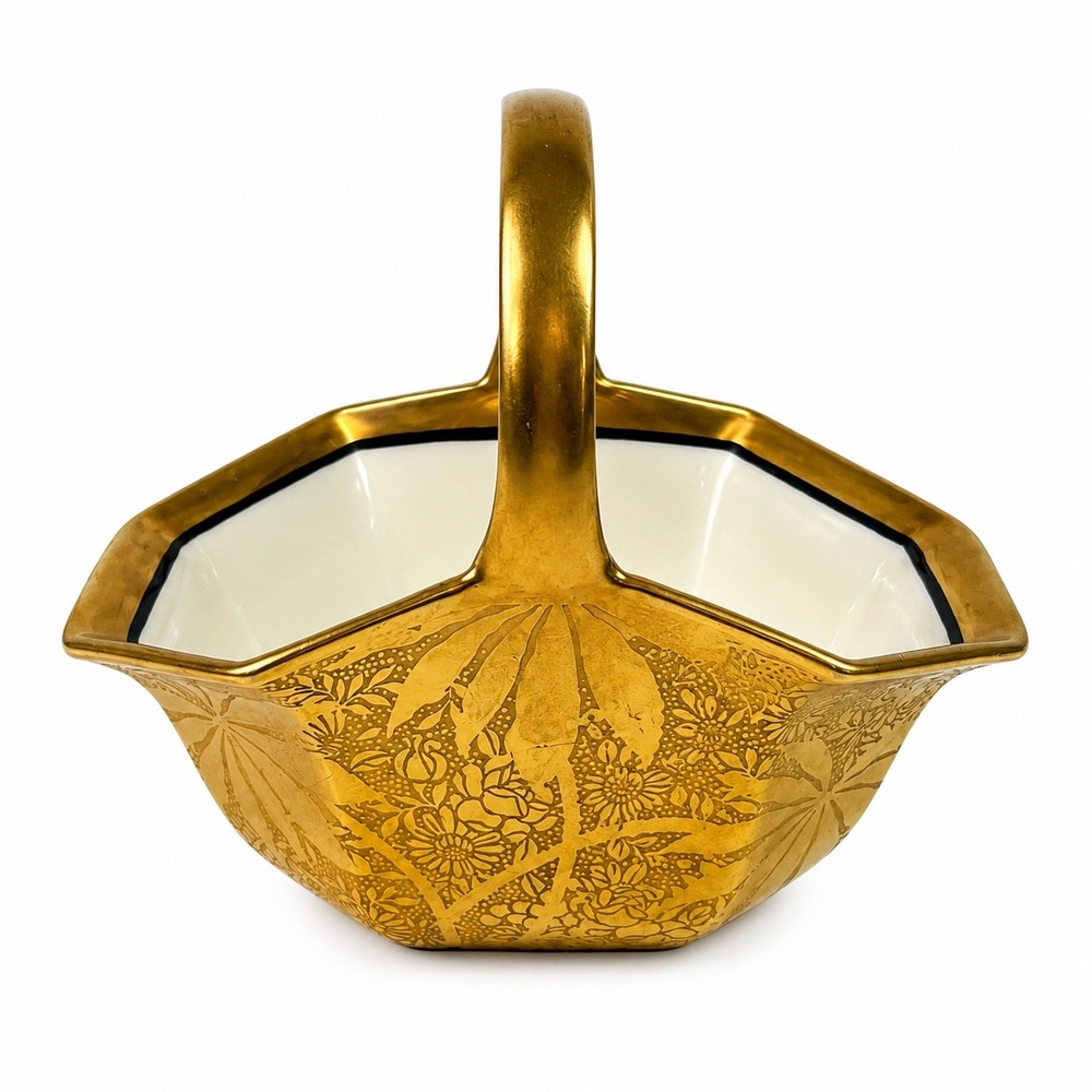 Noritake Japan Gold Encrusted Floral Porcelain Hexagon Basket  Handle Vintage